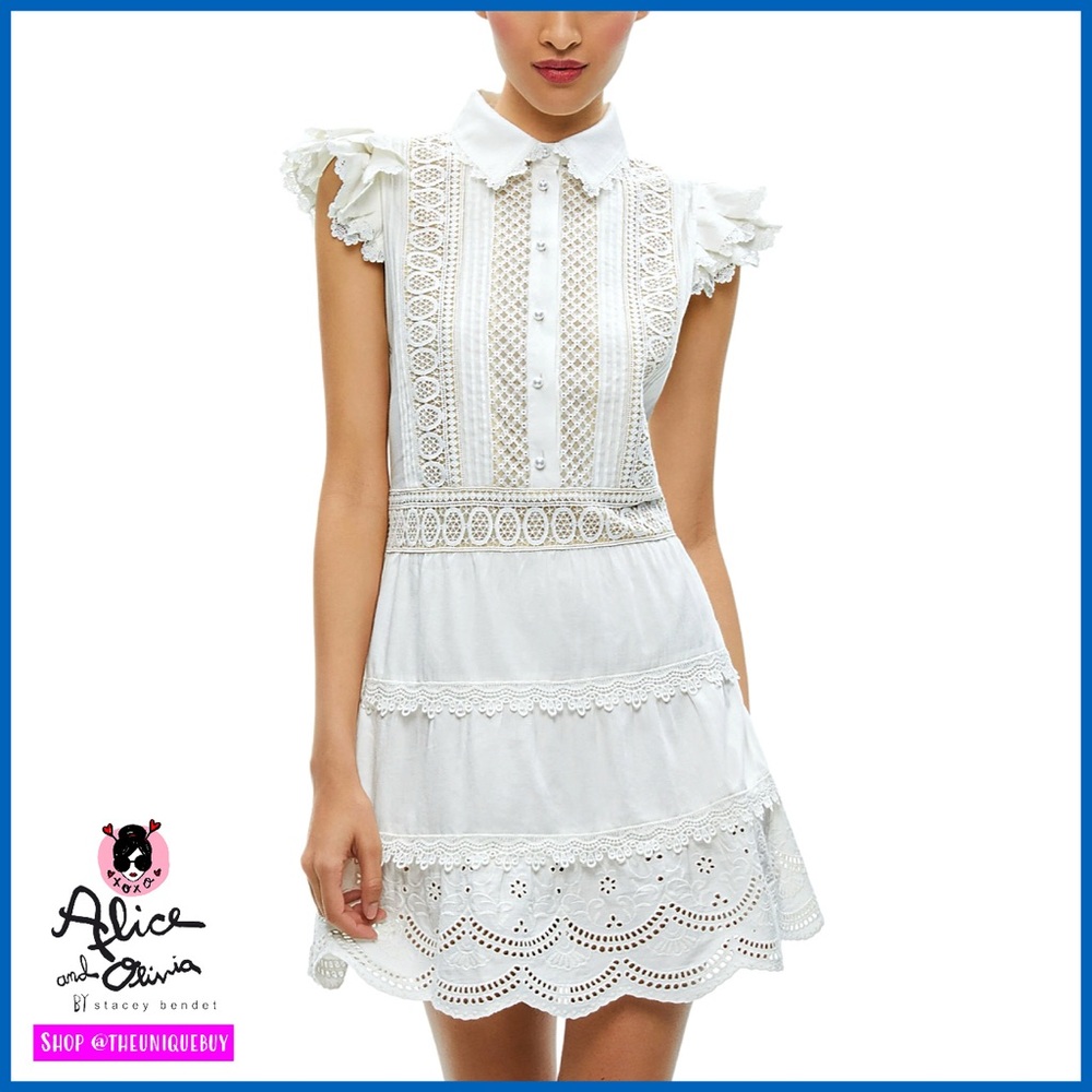 Alice + Olivia Meeko Off White Embroidered Mini Shirt Dress